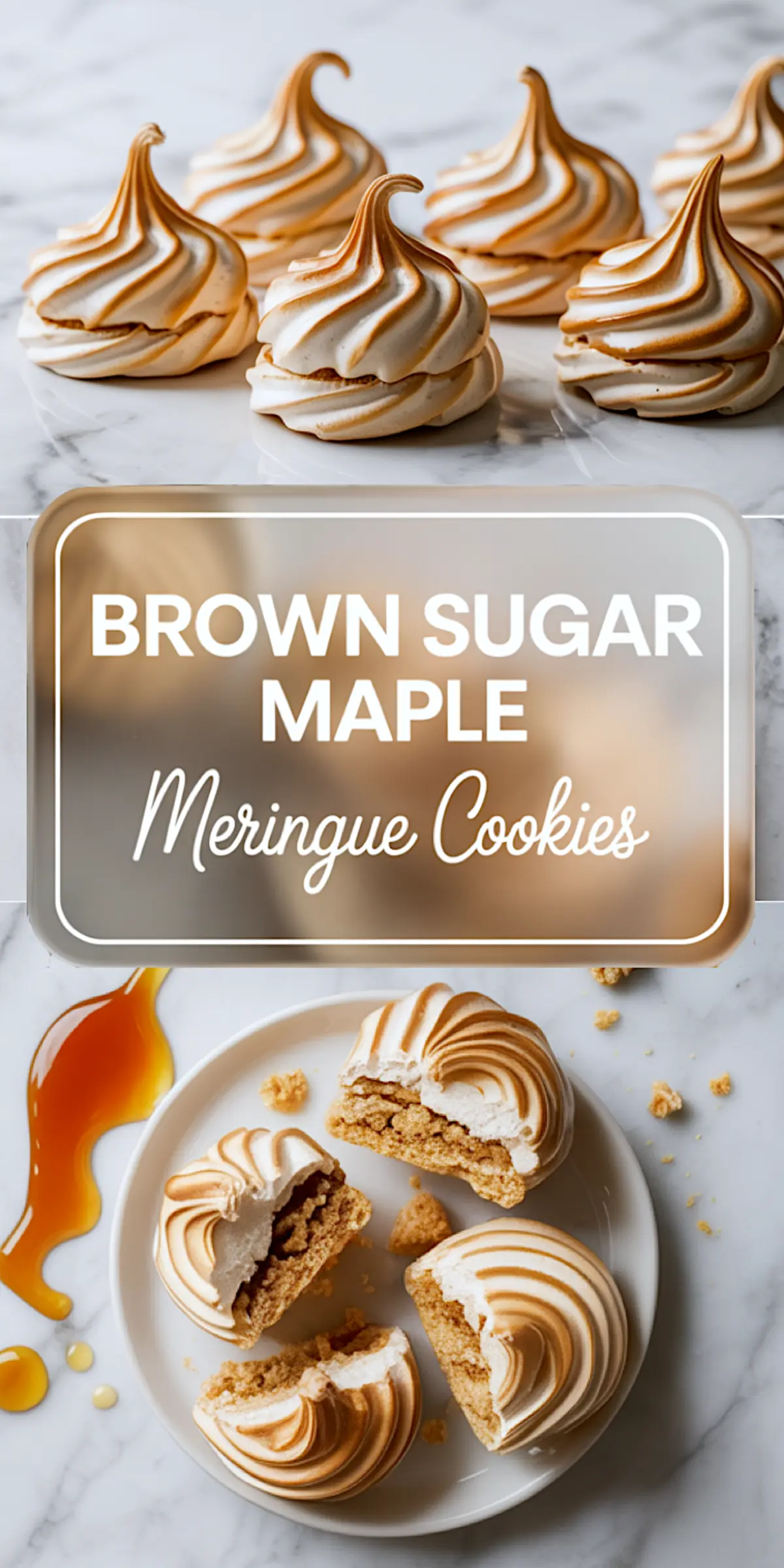 Collage featuring golden brown maple meringue cookies on a marble surface and halved cookies displayed on a plate, surrounded by maple syrup drizzles and cookie crumbs.
