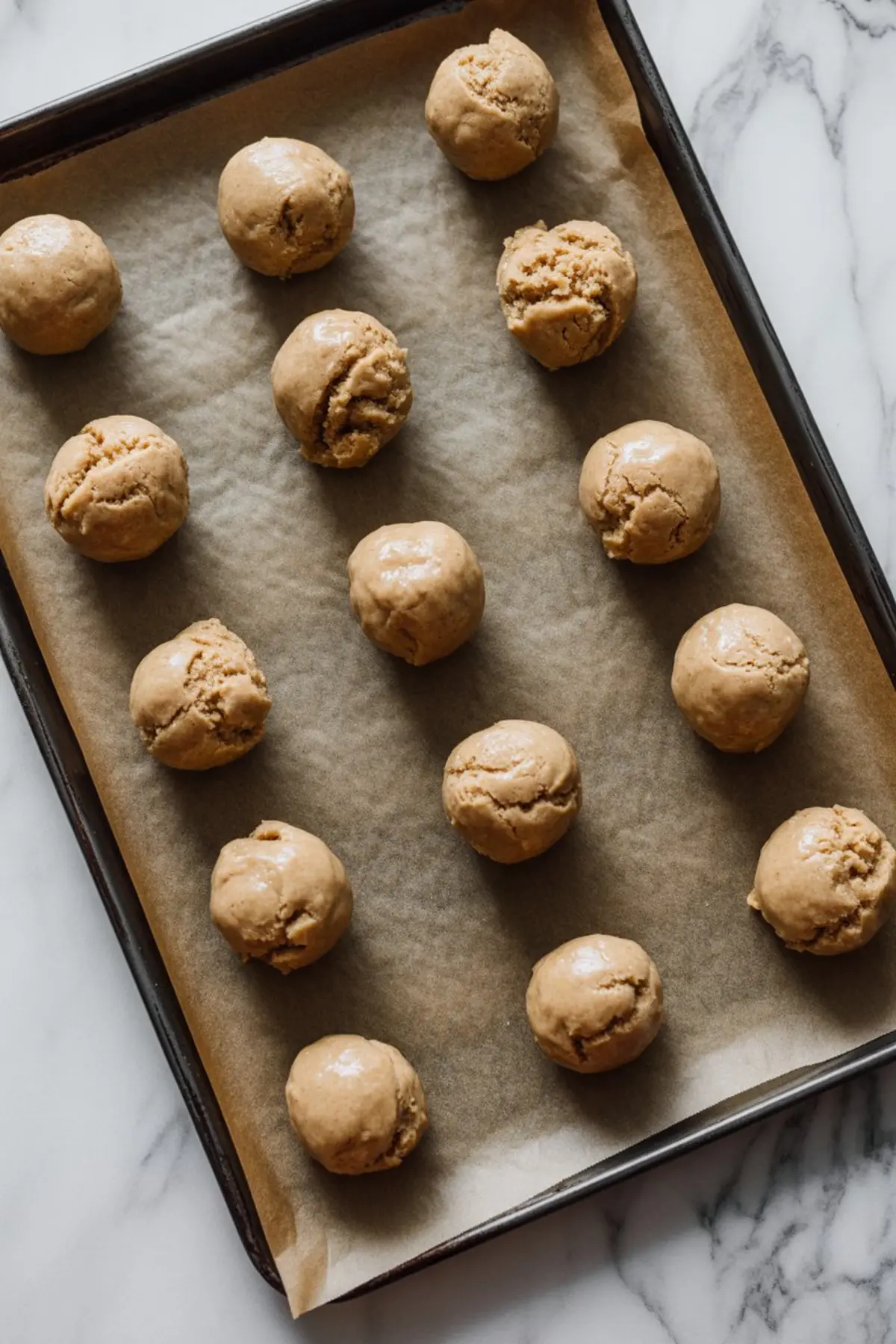 Raw cookie dough balls evenly spaced on a parchment-lined baking sheet, ready for baking.
