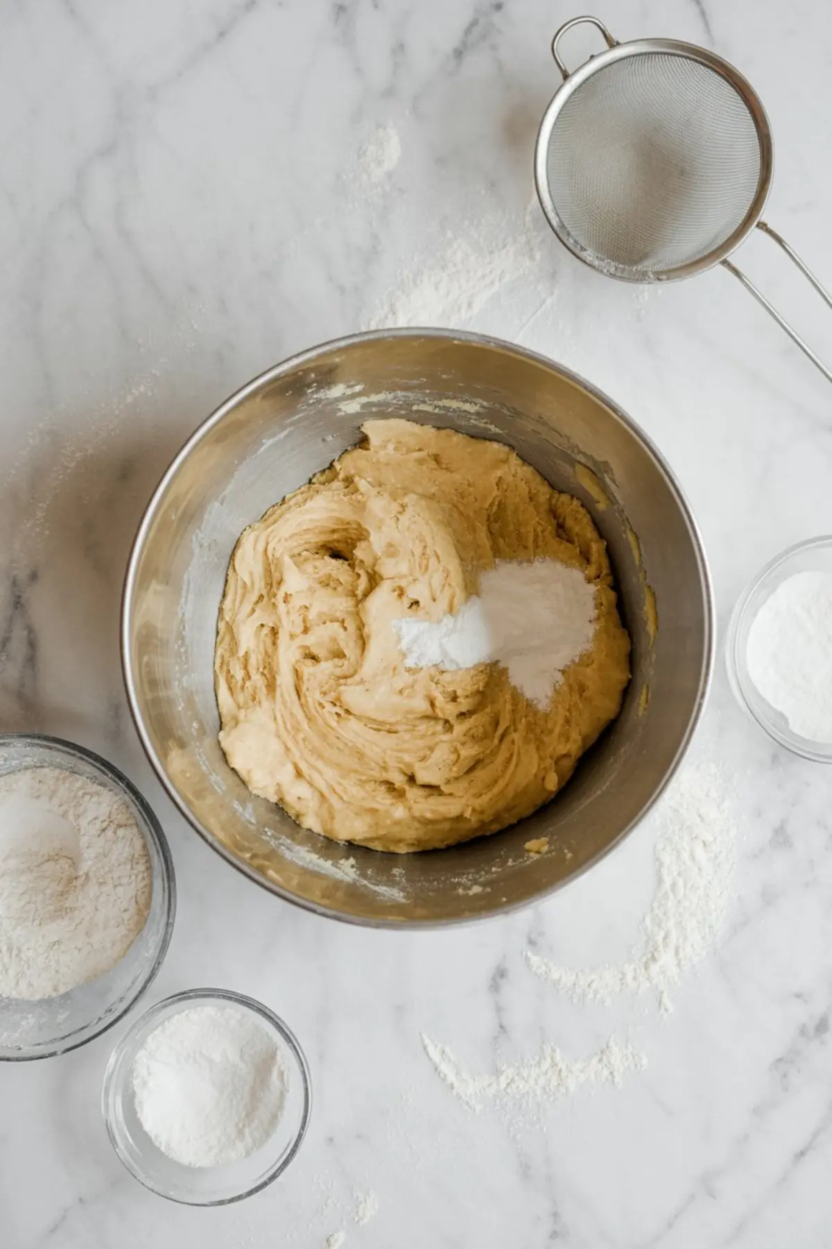 Thick cookie dough with baking soda on top in a large mixing bowl, surrounded by bowls of flour and powdered sugar on a marble counter.
