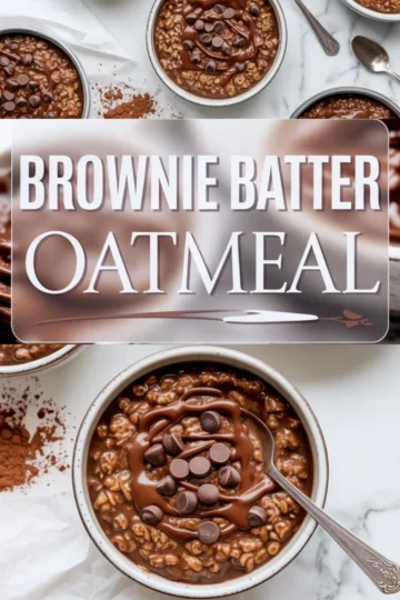 Vertical collage featuring overhead shots of rich brownie batter oatmeal in ceramic bowls, garnished with chocolate chips and drizzled chocolate. The collage is styled with scattered cocoa powder and vintage silver spoons on a marble background, with text overlay reading “Brownie Batter Oatmeal.”