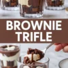 Brownie trifle dessert layered in clear glass cups with fudgy chocolate brownies, smooth vanilla cream, and glossy chocolate ganache, shown with a spoon lifting a rich brownie bite and bold brownie trifle text overlay for dessert recipe inspiration.