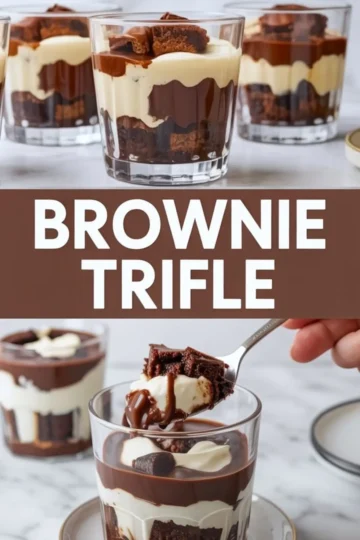Brownie trifle dessert layered in clear glass cups with fudgy chocolate brownies, smooth vanilla cream, and glossy chocolate ganache, shown with a spoon lifting a rich brownie bite and bold brownie trifle text overlay for dessert recipe inspiration.