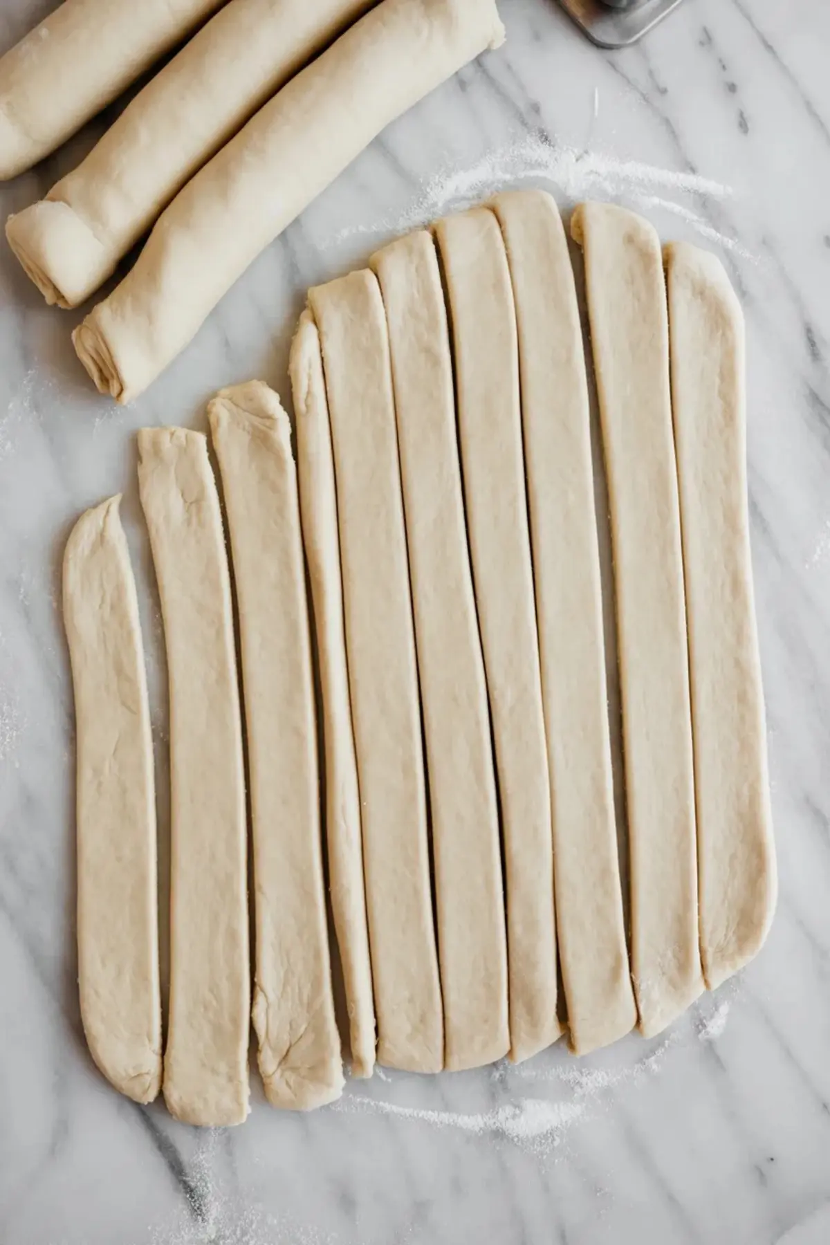 Raw crescent roll dough strips arranged in long even pieces on a floured marble surface, showing dough preparation for stuffed crescent roll carrots.