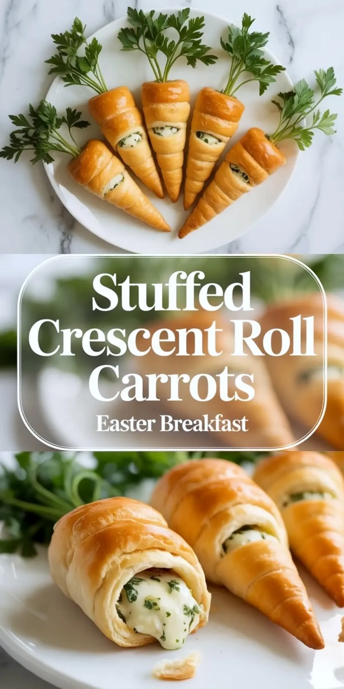Stuffed crescent roll carrots displayed on a white plate with parsley tops, combined with a close-up view of golden crescent rolls filled with creamy herb cheese, styled for Easter breakfast.