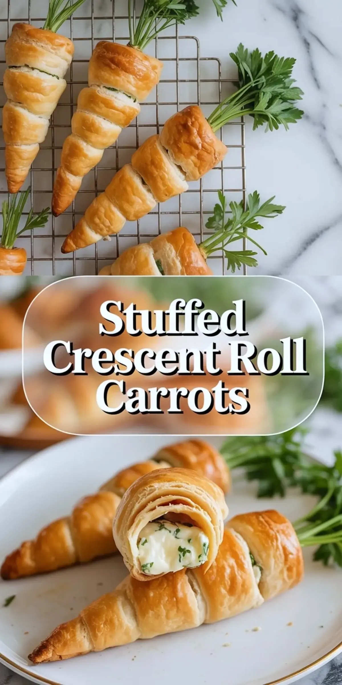 Crescent roll carrots cooling on a wire rack with parsley stems, paired with a close-up of flaky crescent rolls filled with herbed cream cheese, presented with bold recipe title text.
