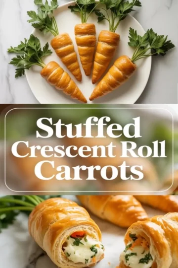 Stuffed crescent roll carrots arranged on a plate with parsley greens, combined with a close-up view showing creamy herb filling inside golden flaky crescent rolls, styled for recipe presentation.