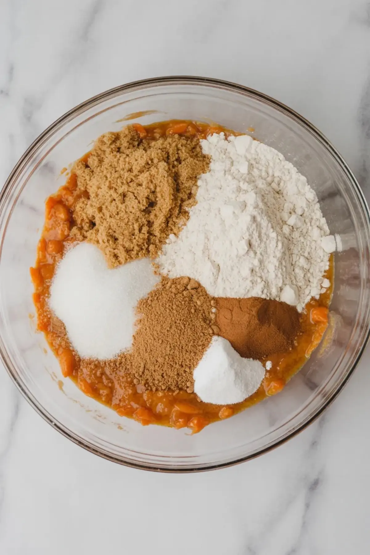 Glass mixing bowl filled with mashed cooked carrots, brown sugar, white sugar, flour, cinnamon, baking powder, and nutmeg on a marble surface.