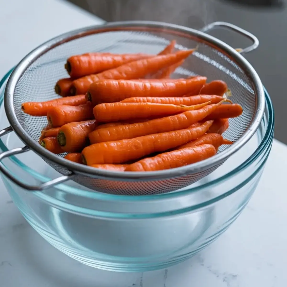 Steamed whole carrots resting in a metal strainer over a clear glass bowl with visible steam rising on a kitchen countertop.