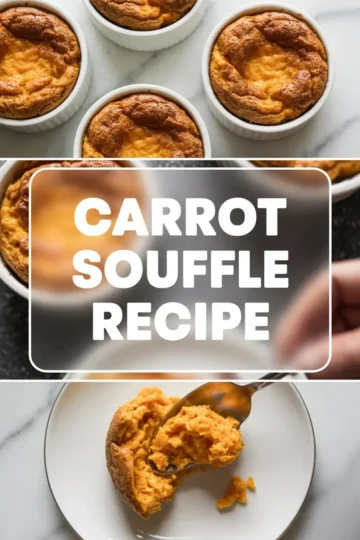 Vertical collage showing freshly baked carrot soufflés in white ramekins on top, “Carrot Soufflé Recipe” text overlay in the center, and a spoonful of soft carrot soufflé served on a white plate at the bottom.
