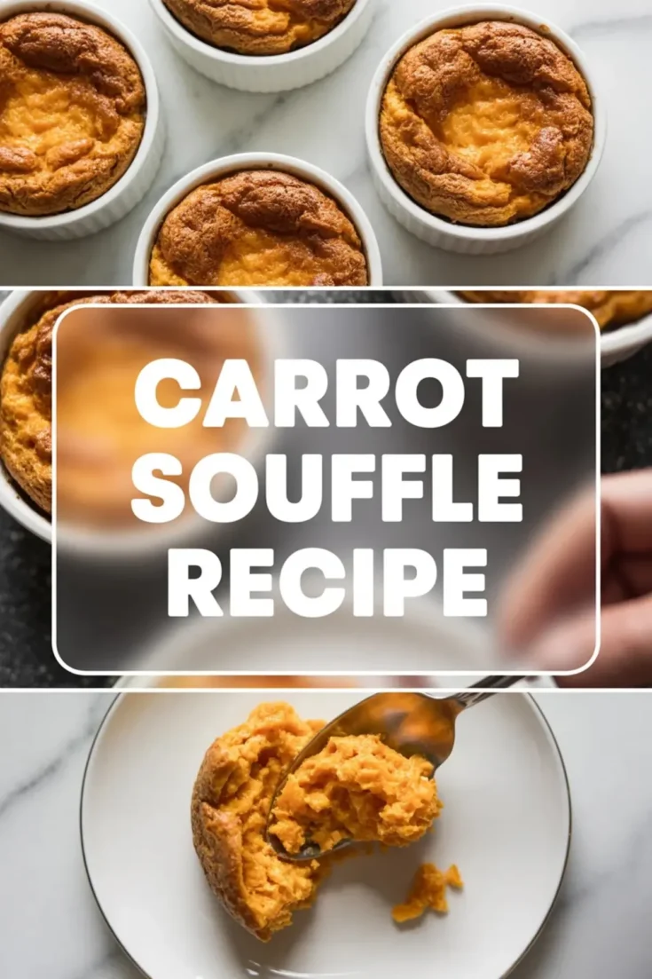 Vertical collage showing freshly baked carrot soufflés in white ramekins on top, “Carrot Soufflé Recipe” text overlay in the center, and a spoonful of soft carrot soufflé served on a white plate at the bottom.