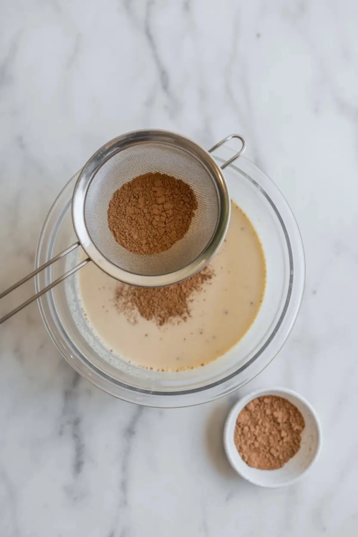A fine mesh strainer sifts unsweetened cocoa powder into a glass mixing bowl filled with creamy plant-based milk on a marble surface, with a small bowl of cocoa powder placed nearby.
