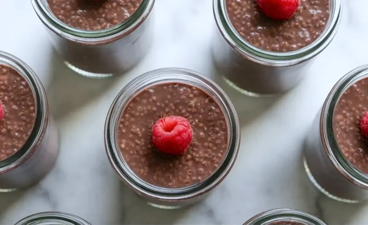 Top view of multiple glass jars filled with chocolate chia seed pudding, each garnished with a fresh red raspberry, arranged in a neat pattern on a white marble surface.
