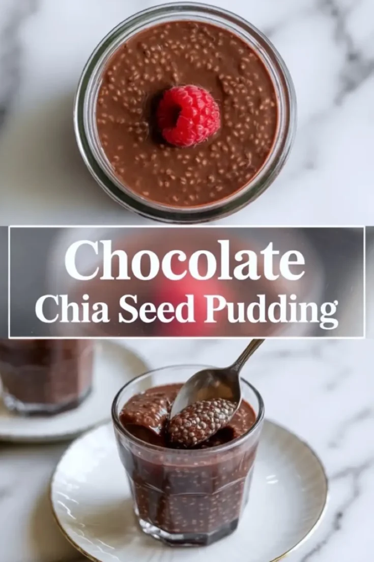 Three-section collage featuring chocolate chia seed pudding with a raspberry garnish, a centered title that reads “Chocolate Chia Seed Pudding,” and a spoonful of the thick pudding lifted from a glass on a saucer.