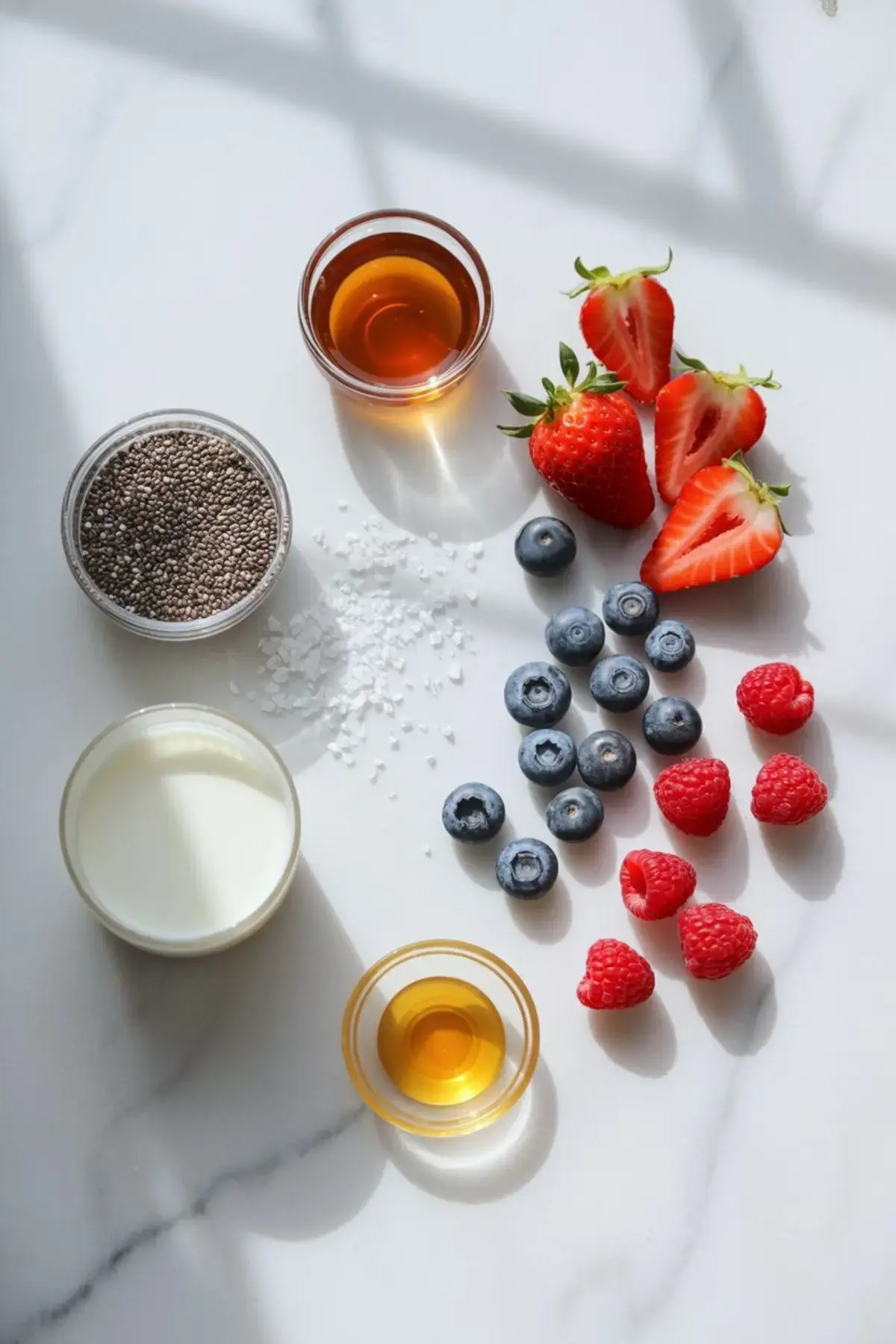 Flat lay of chia pudding ingredients on a white surface. Includes fresh strawberries, blueberries, raspberries, chia seeds, honey, vanilla extract, coarse salt, and a glass of milk, all arranged in a bright, natural light setup.
