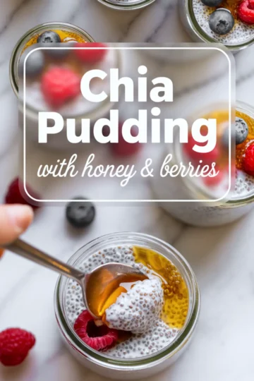 A vertical collage of a glass jar filled with chia pudding, topped with blueberries, raspberries, and sliced strawberries, with honey dripping from a dipper. The bottom image captures a close-up of the fruit topping with visible honey drizzles. The text overlay contains a spelling error: “healthy brekfast” instead of “healthy breakfast.”