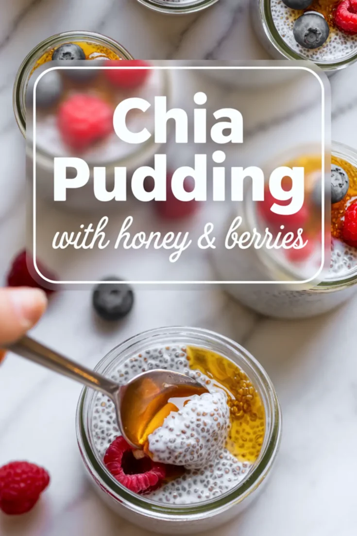 A vertical collage of a glass jar filled with chia pudding, topped with blueberries, raspberries, and sliced strawberries, with honey dripping from a dipper. The bottom image captures a close-up of the fruit topping with visible honey drizzles. The text overlay contains a spelling error: “healthy brekfast” instead of “healthy breakfast.”