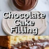 Top-down view of glossy chocolate ganache in a bowl, centered text reading “Chocolate Cake Filling” over a neutral plate background, and a close-up of yellow cake layers filled with rich melted chocolate. Aesthetic baking collage ideal for dessert inspiration and chocolate cake recipes.