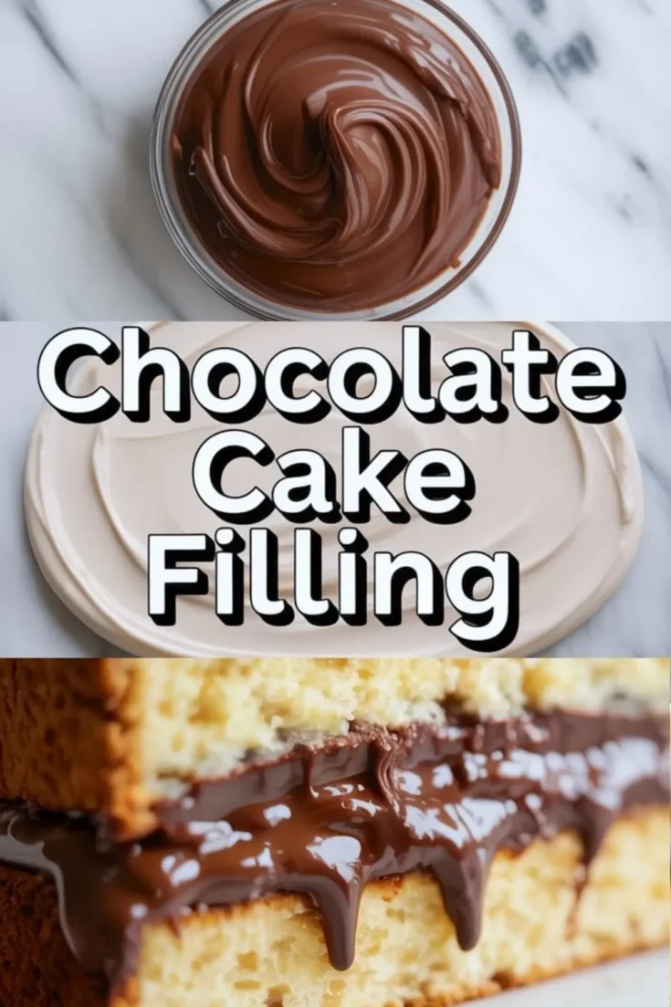 Top-down view of glossy chocolate ganache in a bowl, centered text reading “Chocolate Cake Filling” over a neutral plate background, and a close-up of yellow cake layers filled with rich melted chocolate. Aesthetic baking collage ideal for dessert inspiration and chocolate cake recipes.