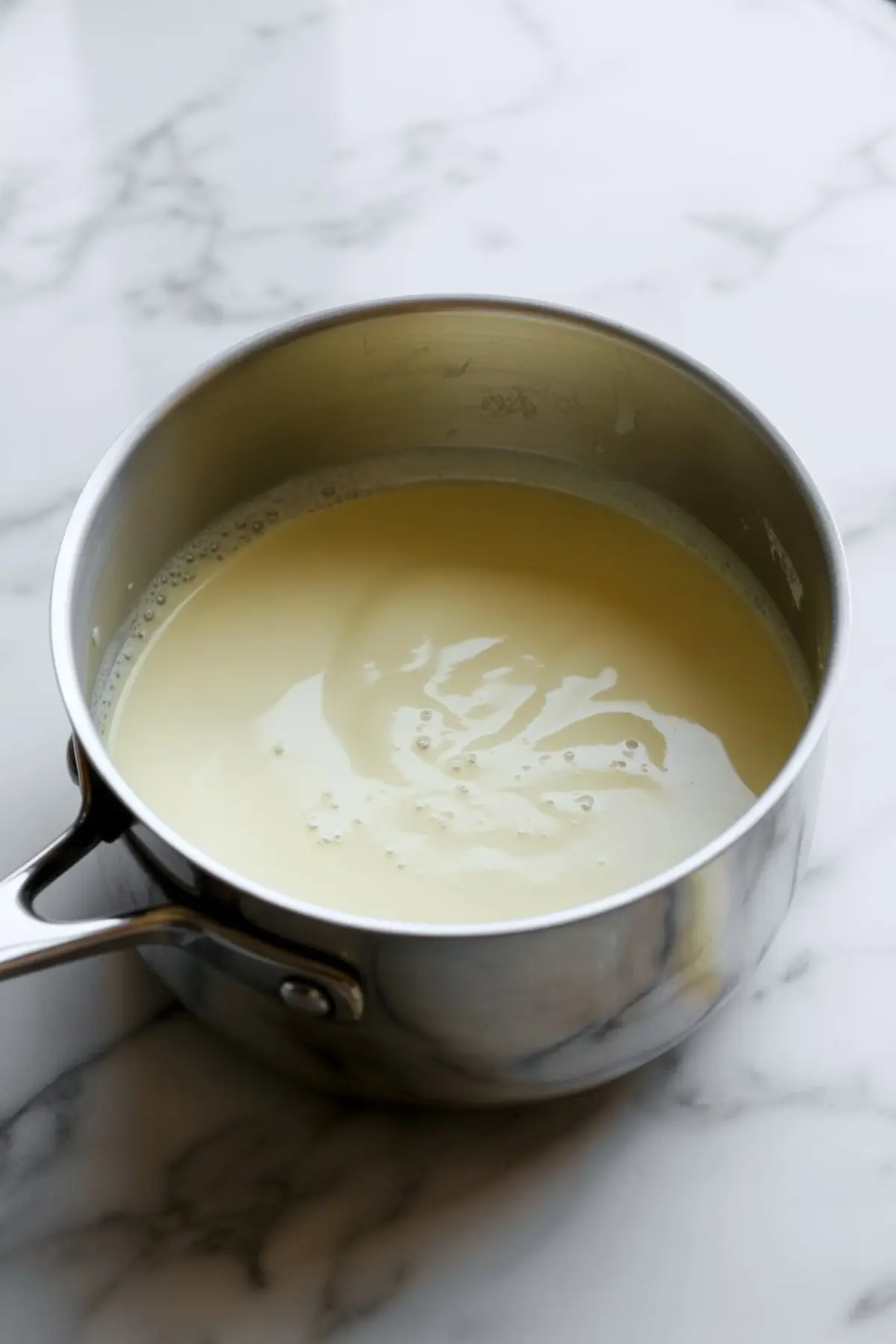 Creamy vanilla custard mixture in a stainless steel saucepan on a white marble surface. Ideal visual for showing pastry cream or cake filling preparation in home baking recipes.
