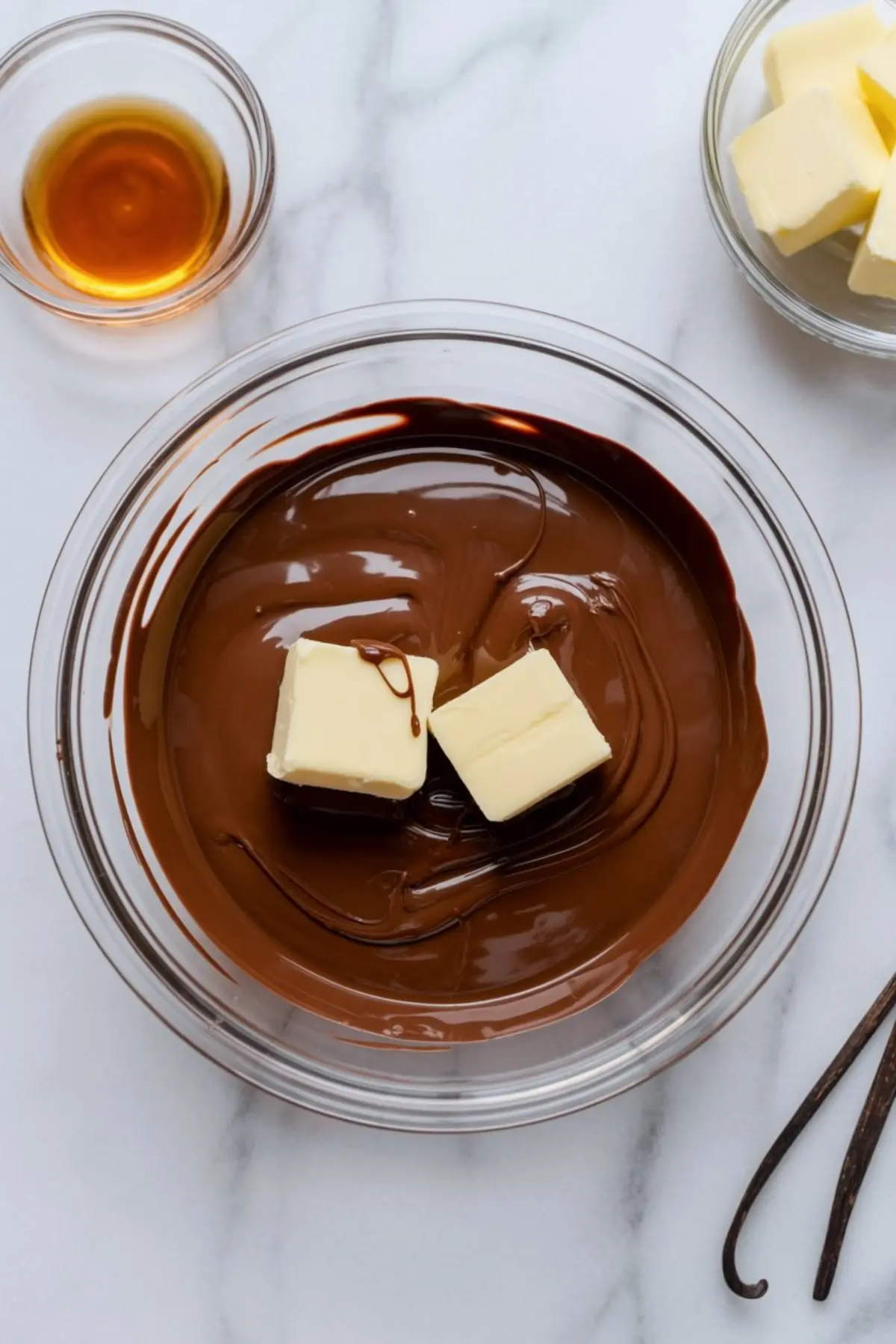 Melted chocolate in a glass bowl with two butter cubes on top, surrounded by vanilla beans, a small bowl of vanilla extract, and more butter cubes. Ingredient setup for making chocolate filling or ganache from scratch.