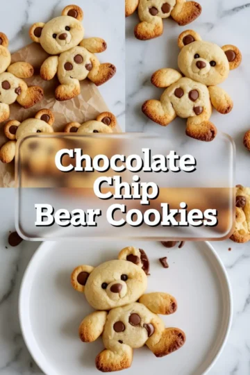 Chocolate chip bear cookies arranged on parchment paper and a white plate, showing teddy bear–shaped sugar cookies with golden edges, chocolate chip eyes and belly, soft baked texture, and playful homemade dessert styling on a marble background.