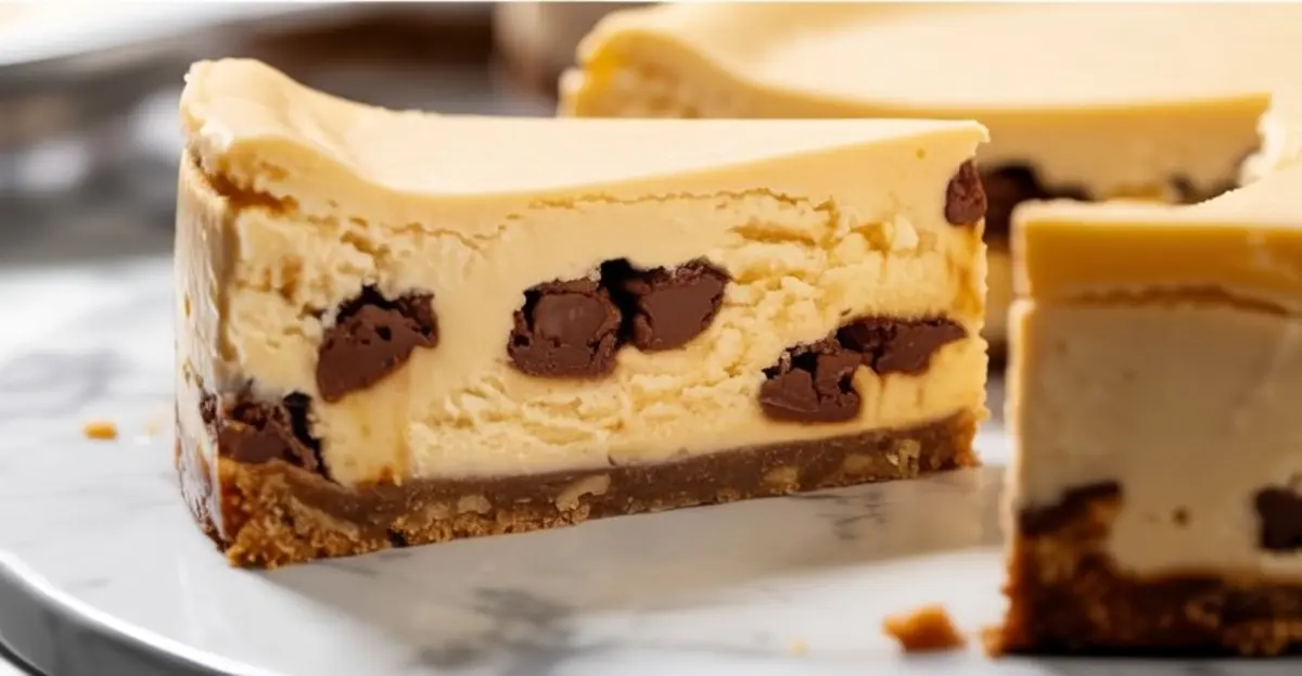 Close-up slice of chocolate chip cookie dough cheesecake on a white plate showing thick creamy cheesecake layers with chocolate chips and a golden cookie dough crust.