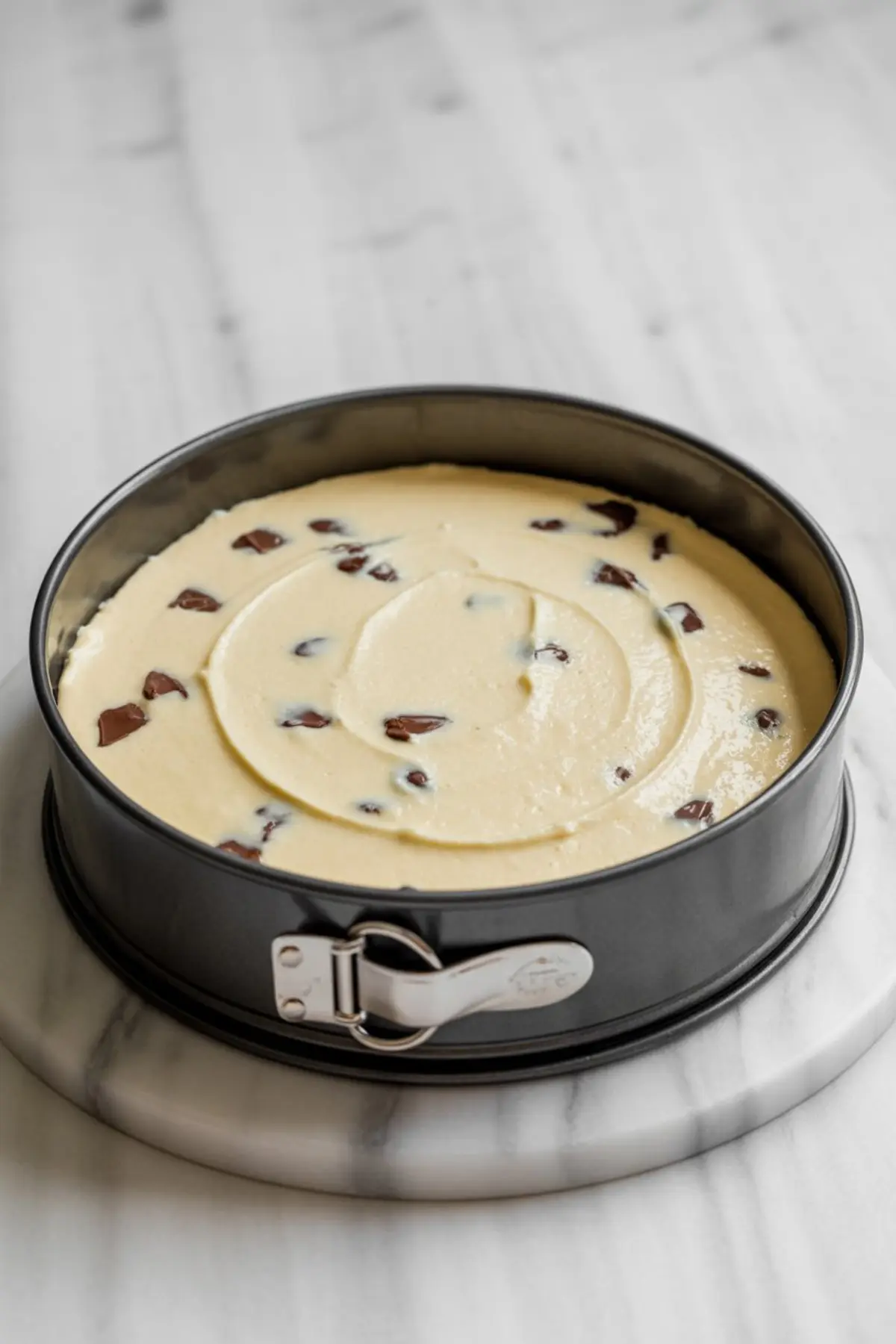 Unbaked chocolate chip cheesecake batter in a springform pan with visible chocolate chips swirled into smooth cream cheese filling on a marble countertop.