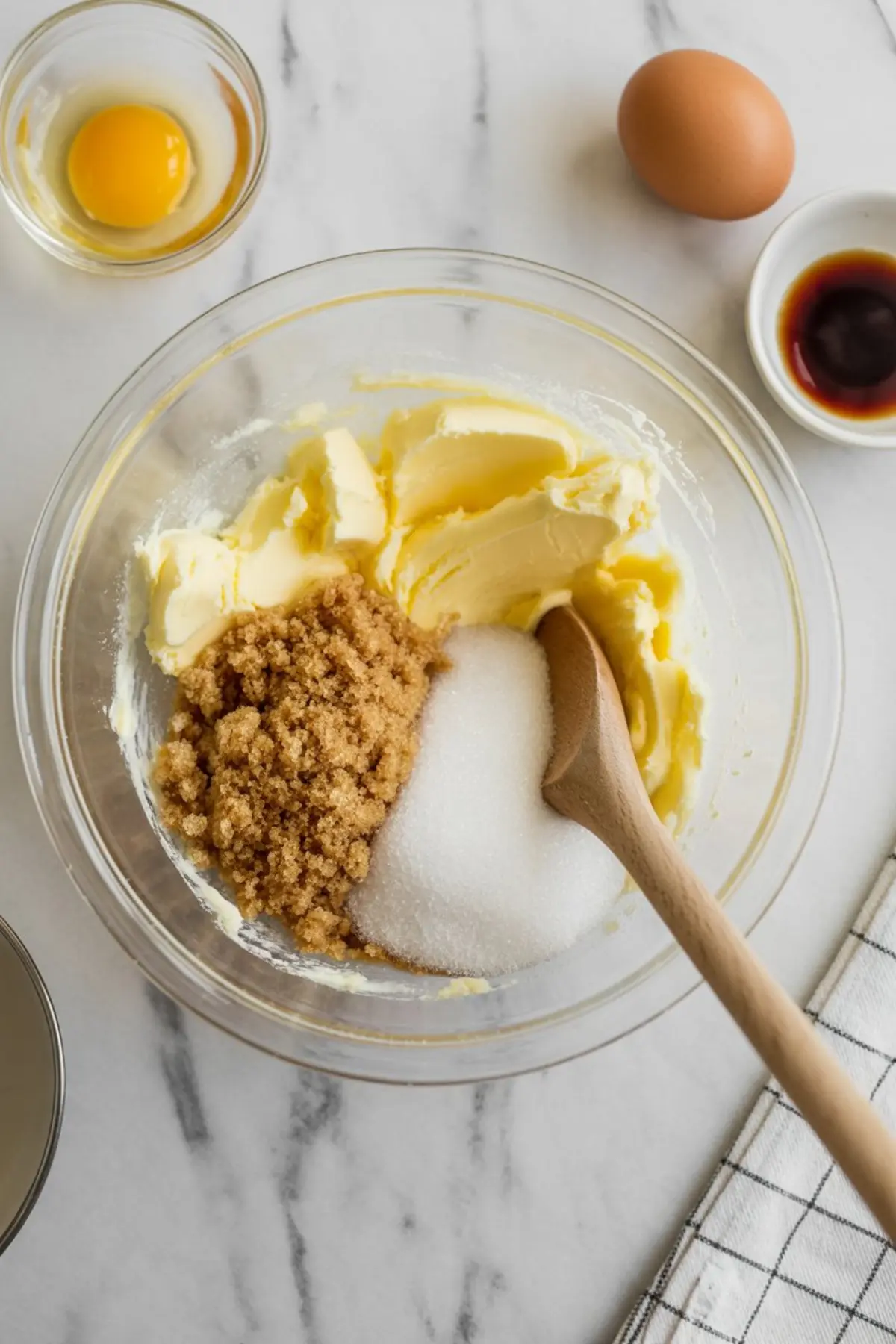 Glass mixing bowl with softened butter, brown sugar, white sugar, and vanilla ready for cookie dough cheesecake preparation with eggs and baking tools nearby.