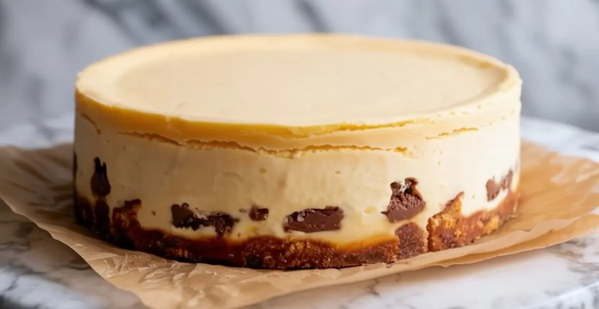 Whole baked chocolate chip cookie dough cheesecake resting on parchment paper with smooth cheesecake top, chocolate chip layer, and golden cookie dough crust.