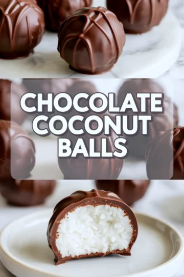 Collage image featuring chocolate-coated coconut balls on a white plate, with one cut in half showing the white shredded coconut center; bold text overlay reads “Chocolate Coconut Balls” on a blurred background of truffles.