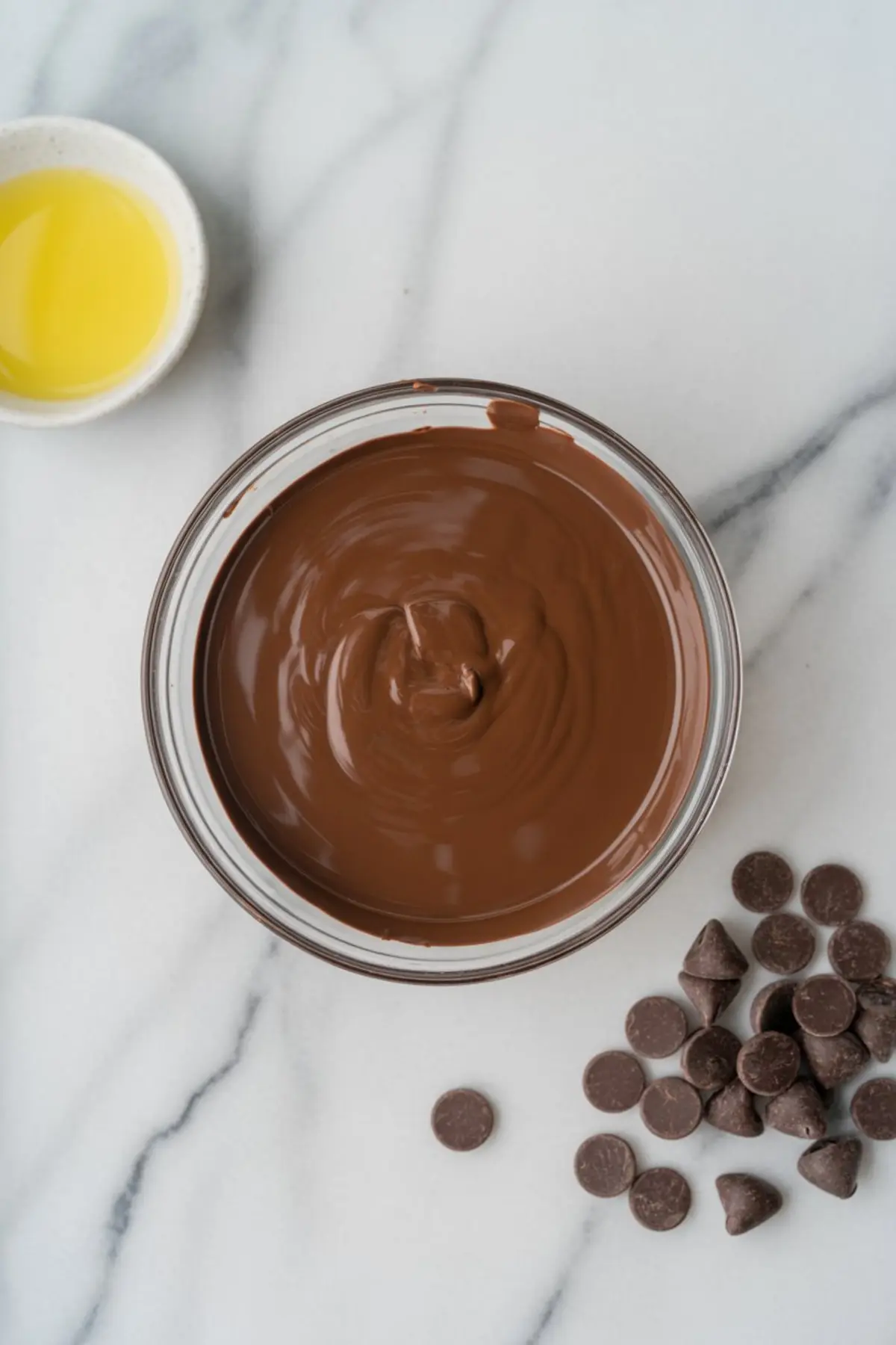A glass bowl filled with melted chocolate sits on a marble surface beside a small dish of yellow melted butter and scattered semi-sweet chocolate chips, capturing a baking preparation scene.
