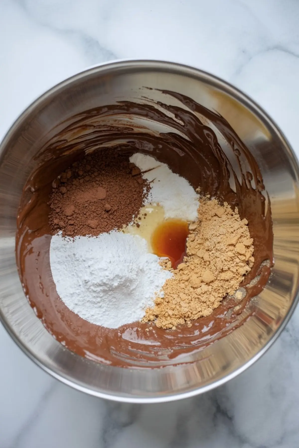 Mixing bowl holds chocolate batter topped with cocoa powder, powdered sugar, vanilla extract, and finely ground crumbs before stirring.