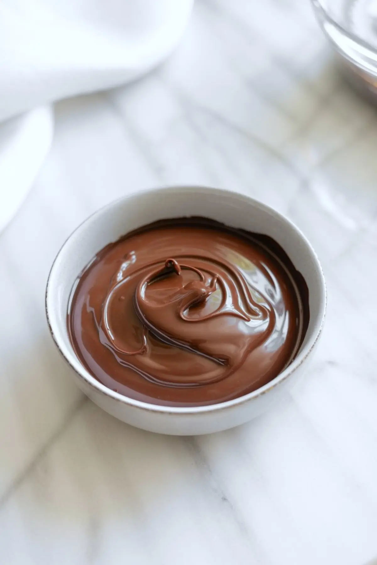 Small white bowl holds glossy melted chocolate with smooth swirls on a bright marble surface.