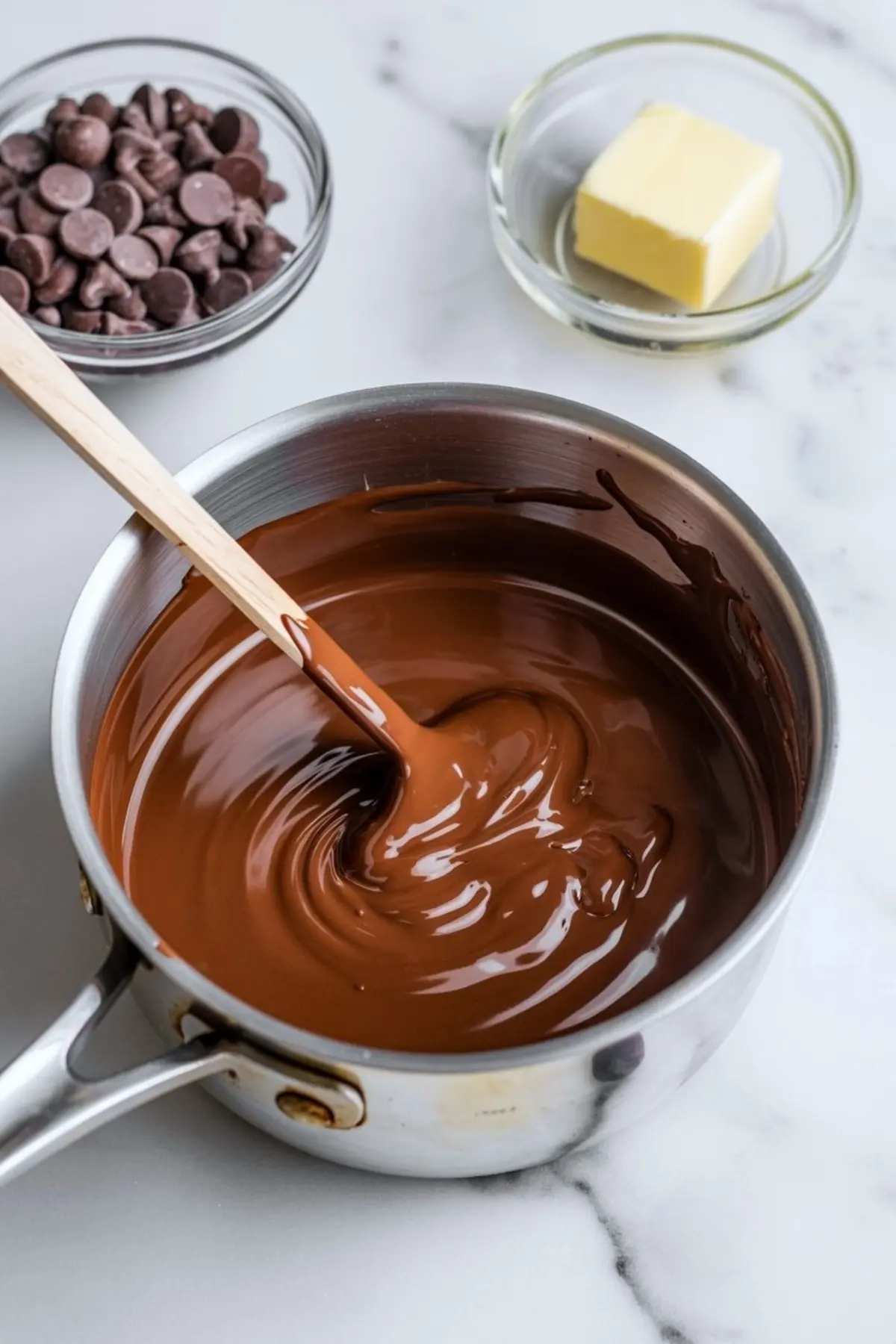 Saucepan shows melted chocolate stirred with a wooden spoon, with chocolate chips and butter nearby on a marble counter.