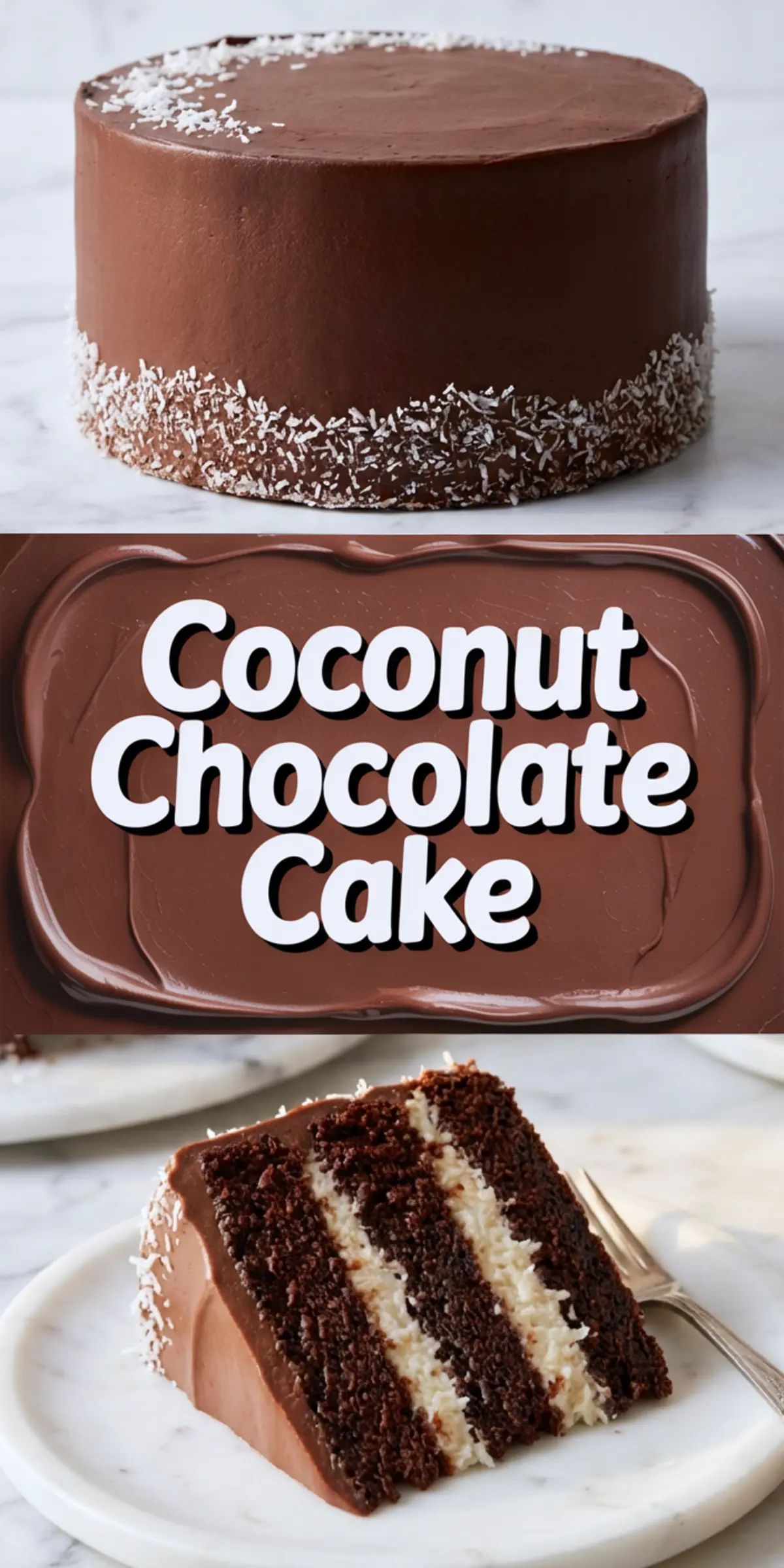 Collage showing a smooth chocolate frosted cake with shredded coconut on the sides, a center panel reading “Coconut Chocolate Cake,” and a close-up slice showing rich chocolate layers with a creamy coconut filling.