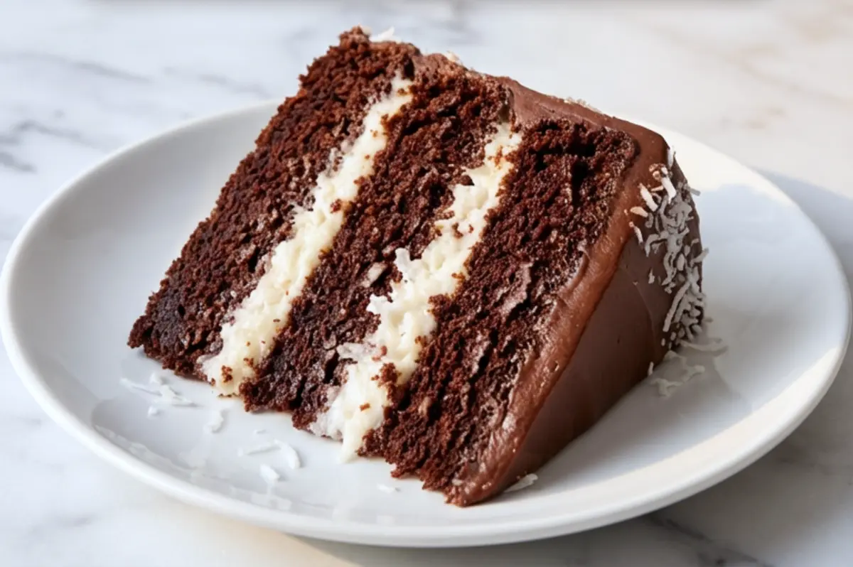 Close-up of a chocolate coconut cake slice on a white plate, showing layers of dark chocolate cake and creamy coconut filling with chocolate frosting.