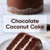 Vertical collage with a chocolate frosted cake topped and edged with shredded coconut, a bold “Chocolate Coconut Cake” label in the center, and a slice revealing rich chocolate layers and coconut filling.
