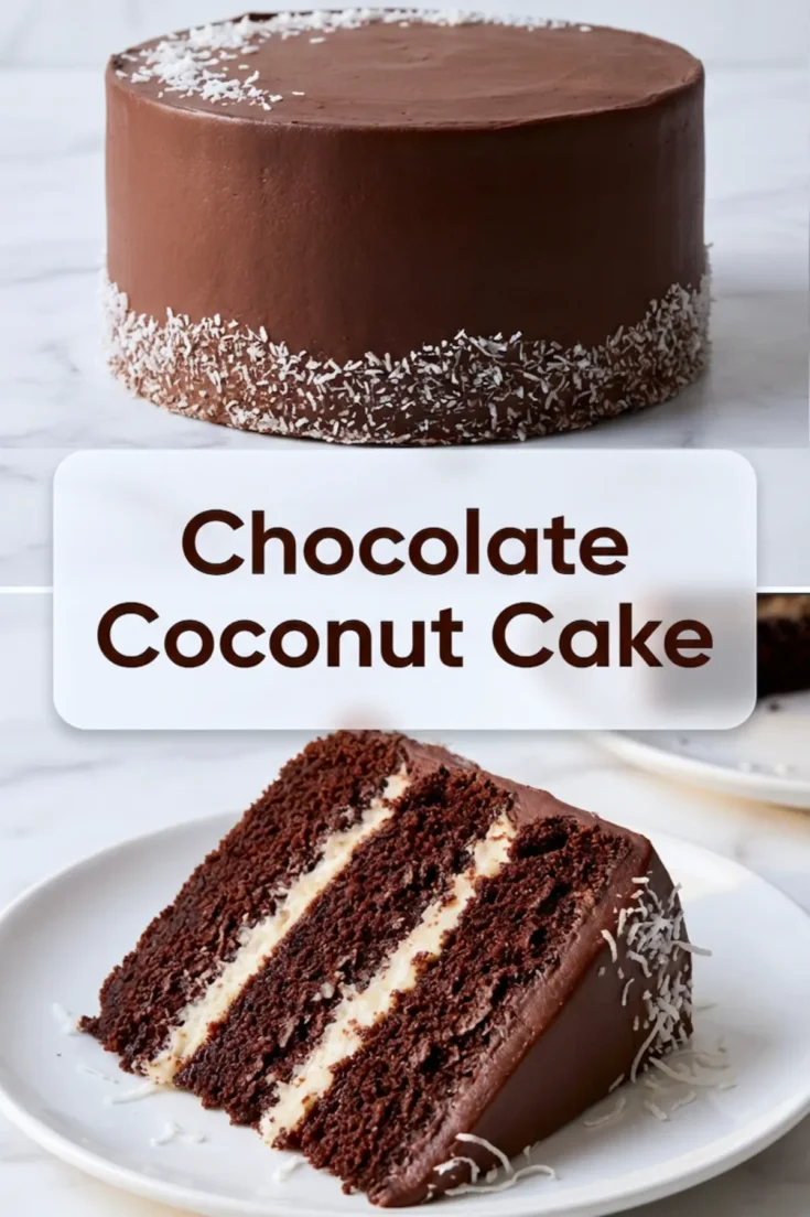 Vertical collage with a chocolate frosted cake topped and edged with shredded coconut, a bold “Chocolate Coconut Cake” label in the center, and a slice revealing rich chocolate layers and coconut filling.