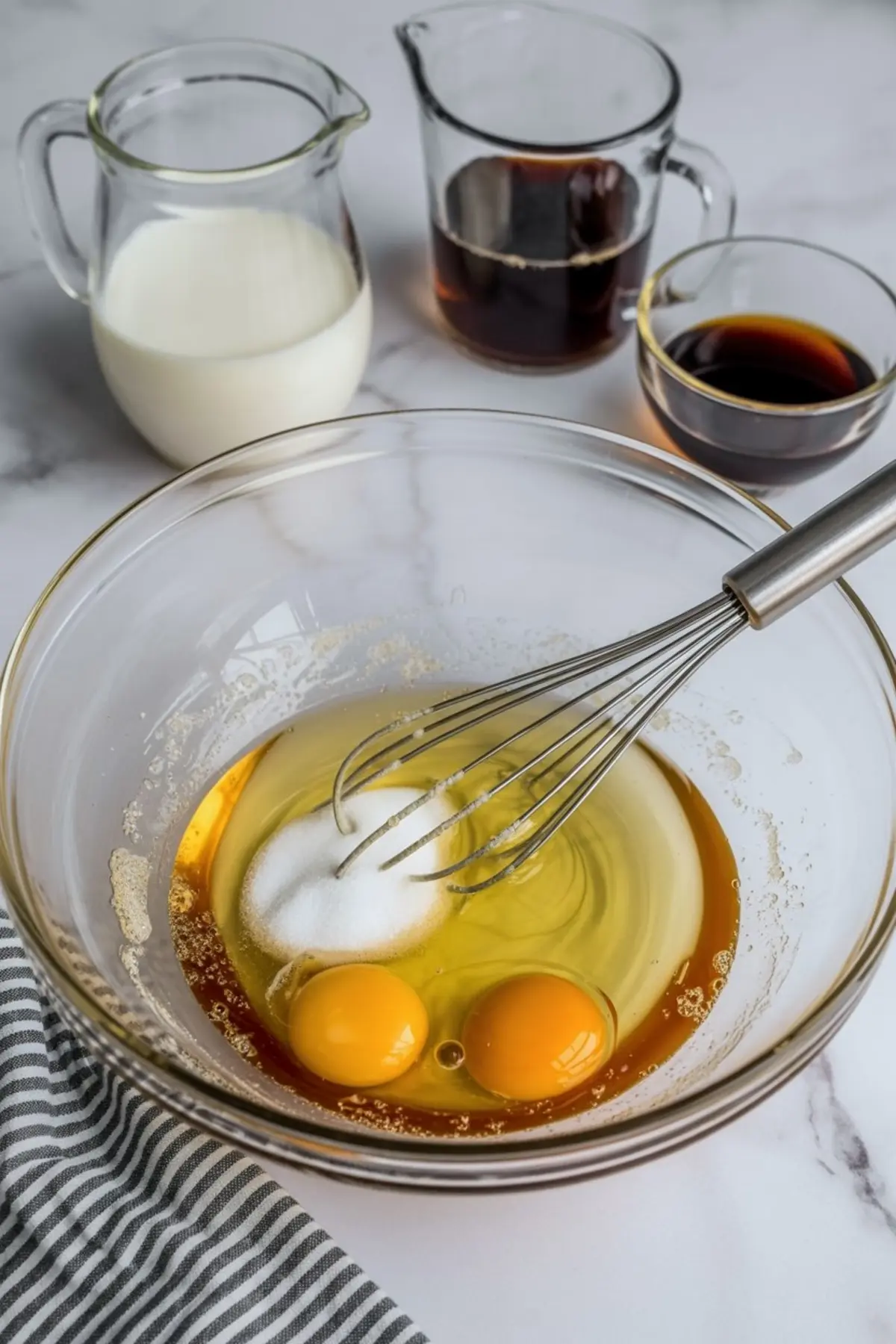 Glass mixing bowl with eggs, sugar, and vanilla being whisked, with pitchers of milk and coffee in the background on a marble counter.