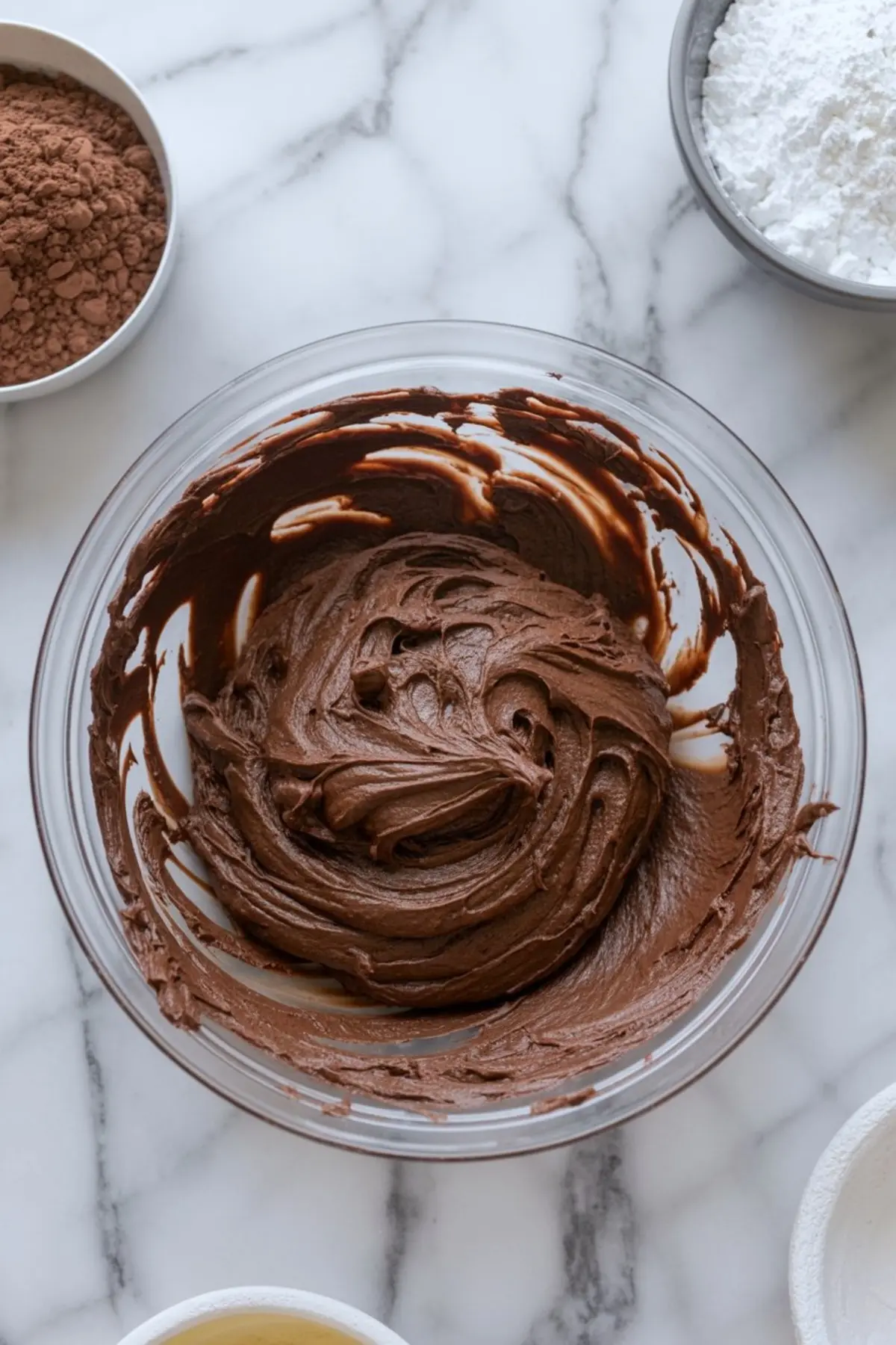 Smooth chocolate cake batter mixed in a glass bowl with cocoa powder and powdered sugar in surrounding bowls on a marble countertop.