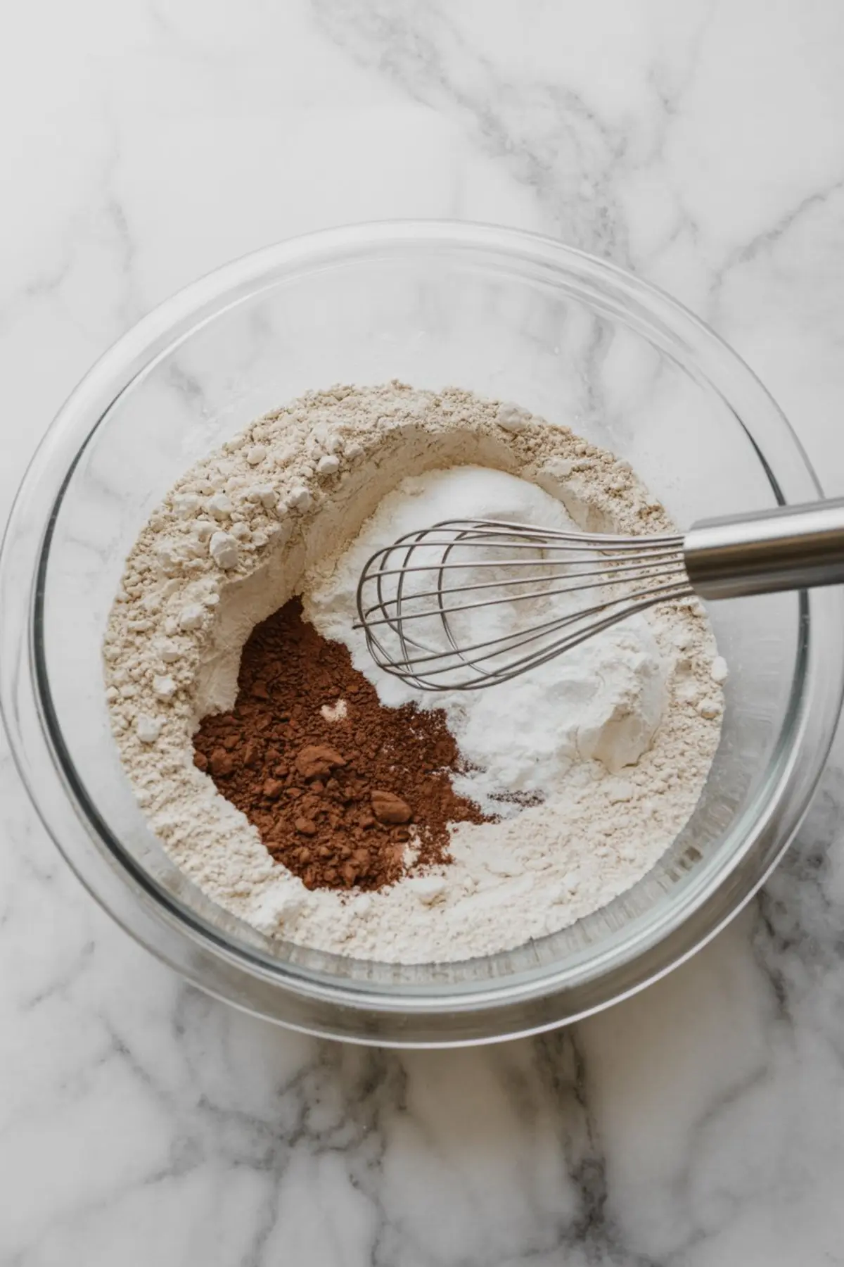 Clear mixing bowl containing flour, cocoa powder, baking soda, and salt with a metal whisk, placed on a white marble background.