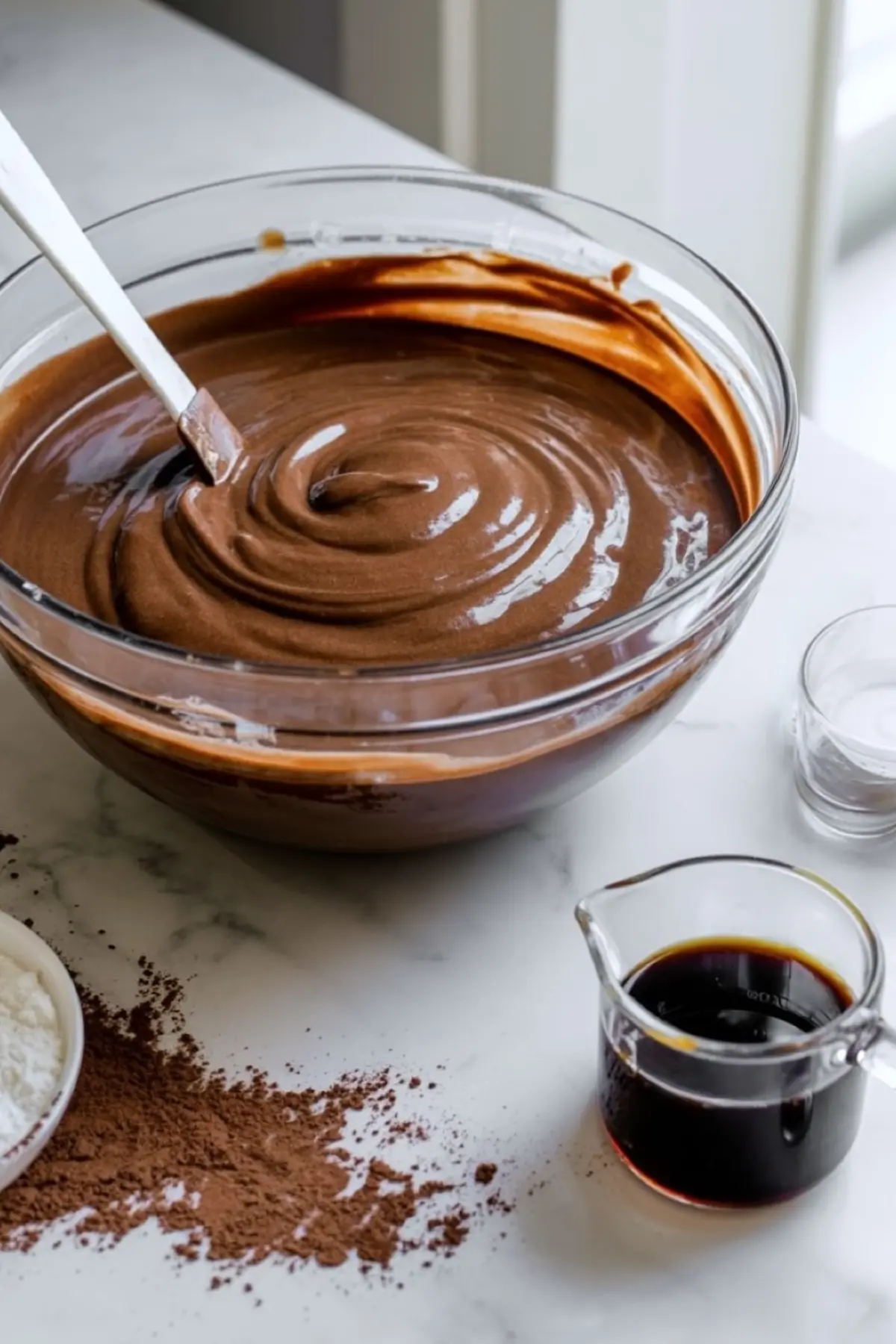 Thick and glossy chocolate cake batter in a glass bowl with a spatula, surrounded by cocoa powder and vanilla extract on a kitchen counter.