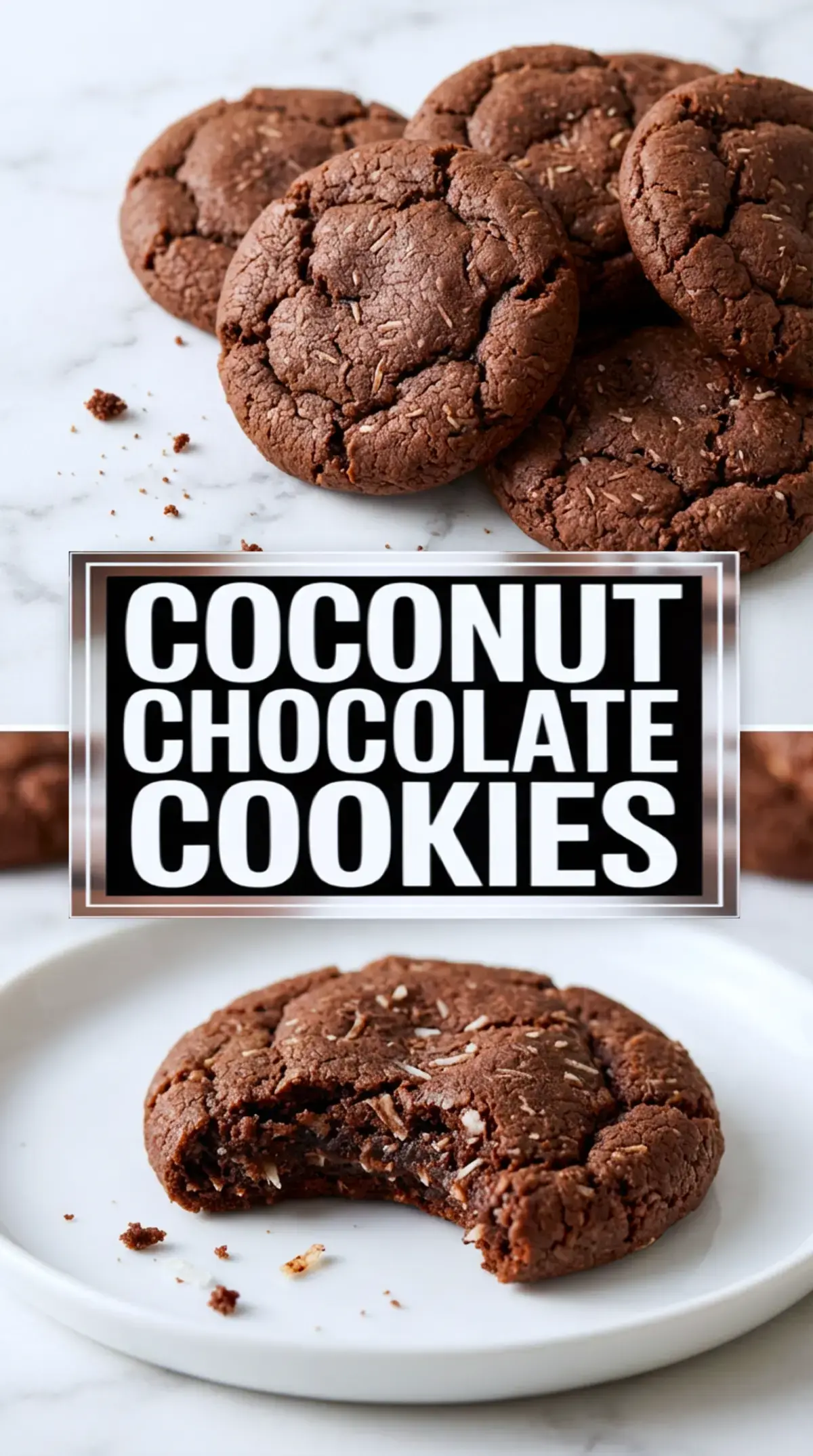 Top view shows a batch of freshly baked chocolate cookies with shredded coconut. Middle section displays bold black and white “Coconut Chocolate Cookies” text. Bottom view shows a bitten cookie with crumbs and a fudgy center on a white plate.
