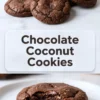 Top section displays several soft chocolate cookies with visible coconut flakes. Centered overlay includes bold “Chocolate Coconut Cookies” text. Bottom section shows a bitten cookie with a fudgy center on a white ceramic plate.