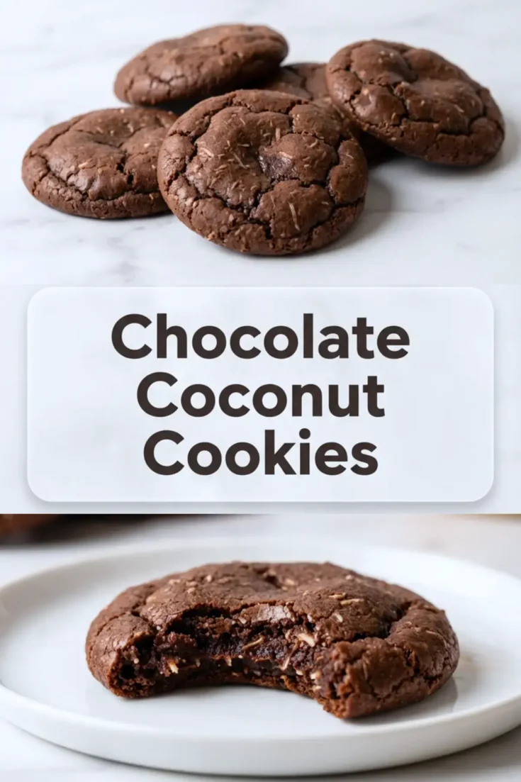 Top section displays several soft chocolate cookies with visible coconut flakes. Centered overlay includes bold “Chocolate Coconut Cookies” text. Bottom section shows a bitten cookie with a fudgy center on a white ceramic plate.