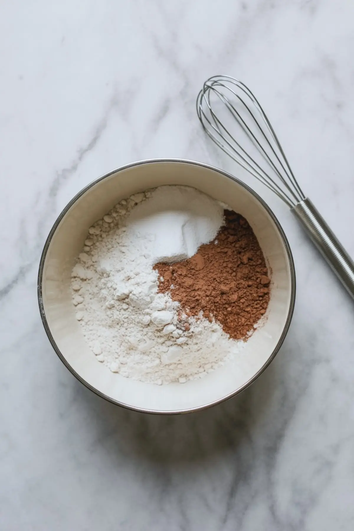 White mixing bowl containing flour, cocoa powder, baking soda, and salt, with a metal whisk on a marble surface.
