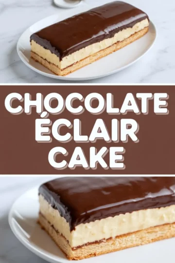 Rectangular chocolate éclair cake topped with glossy chocolate ganache, layered with creamy vanilla custard and graham cracker crust, shown from two angles on white plates with bold text overlay reading “Chocolate Éclair Cake”.