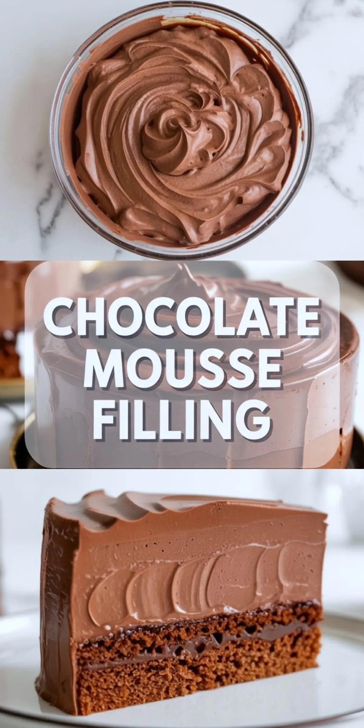 A whipped chocolate mousse with soft peaks in a glass bowl, shown above a slice of chocolate sponge cake layered with smooth chocolate mousse filling and a ganache middle layer.
