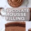 A top view of fluffy chocolate mousse piped in a swirl pattern in a glass bowl, paired with a cross-section of chocolate layer cake filled with rich chocolate mousse and coated in a smooth outer mousse layer.