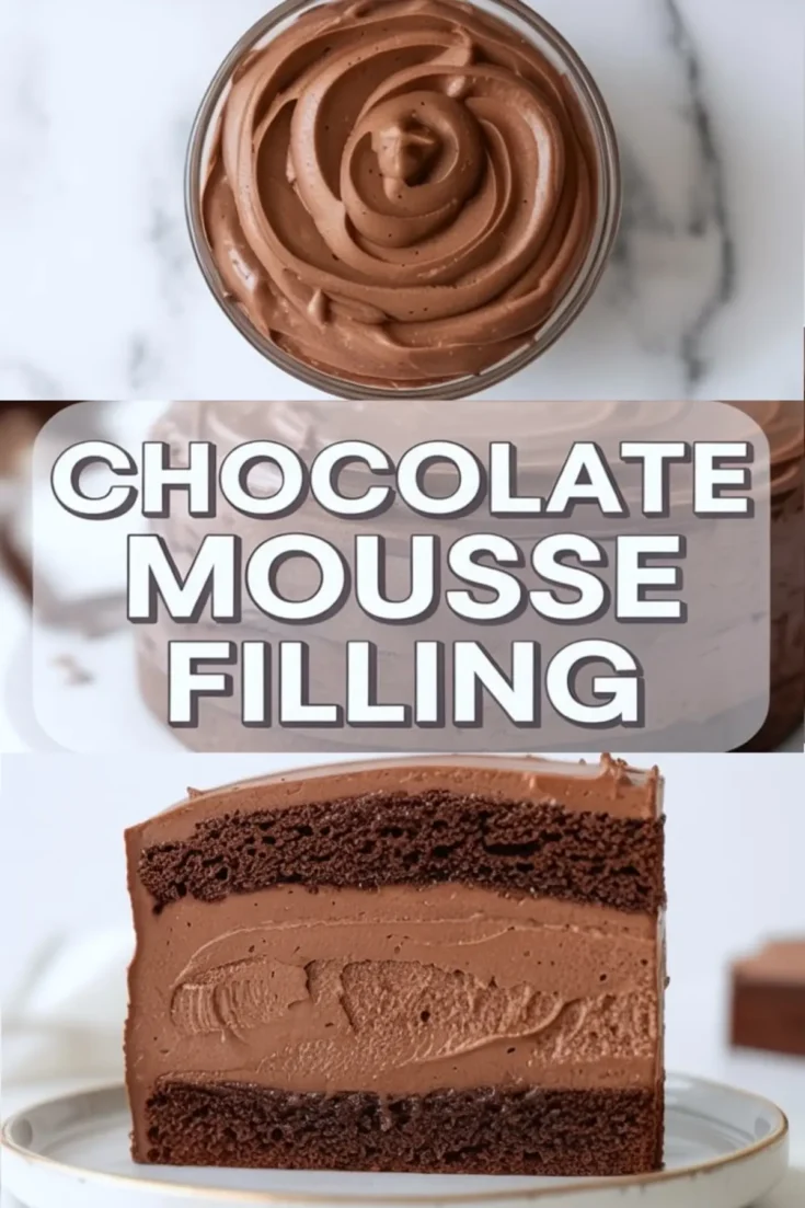 A top view of fluffy chocolate mousse piped in a swirl pattern in a glass bowl, paired with a cross-section of chocolate layer cake filled with rich chocolate mousse and coated in a smooth outer mousse layer.